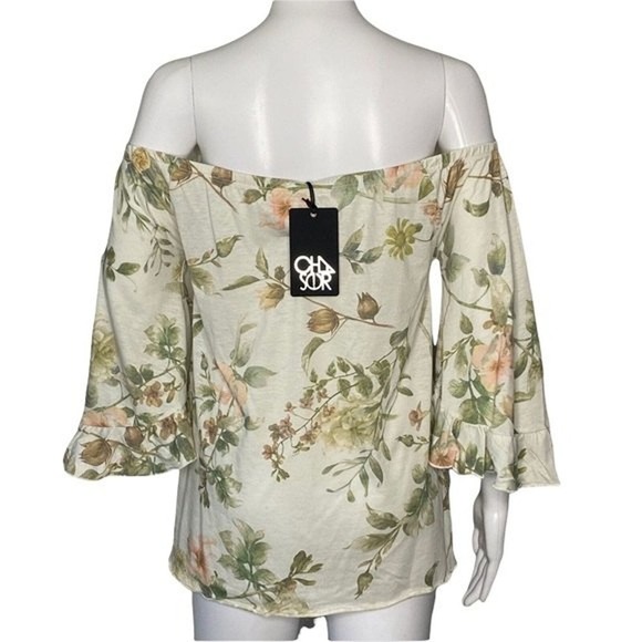 Chaser Shirt Womens Medium Cream Green Floral Off Shoulder Blouse Botanical - Picture 3 of 7